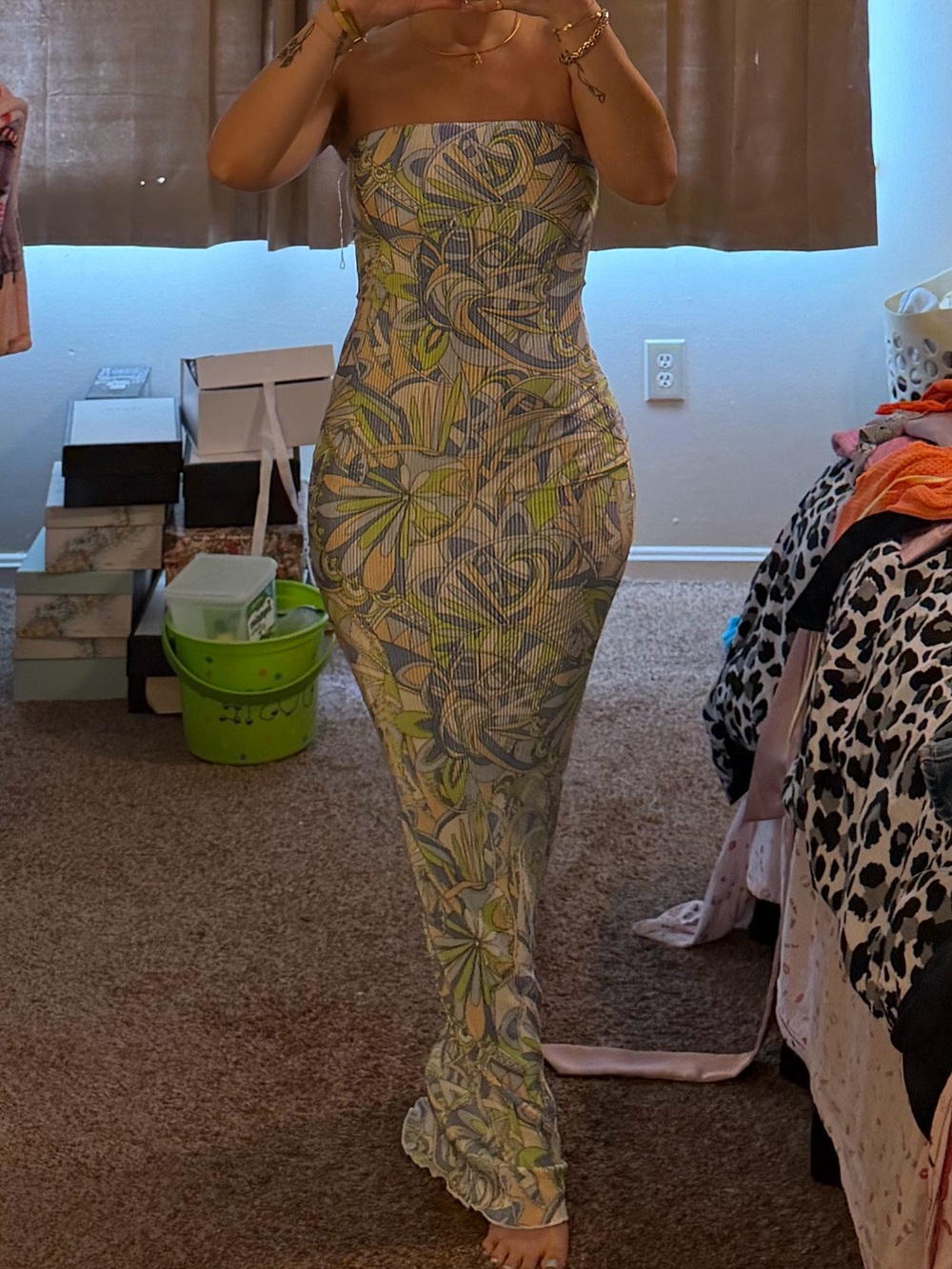 PrettyLittleThing Strapless Floral Print Maxi Dress in Yellow & Green